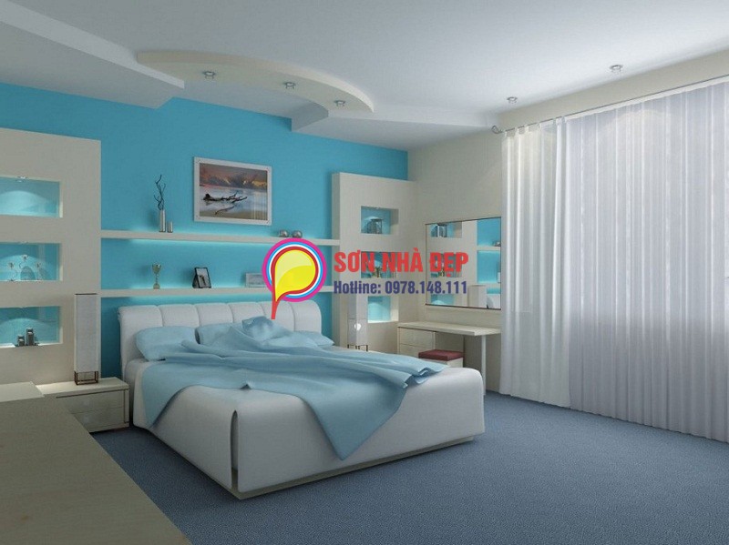 Phòng ngủ màu xanh da trời nhẹ nhàng - Dự án sơn nhà nghỉ Hoàng Tử, quận Từ Liêm, Hà Nội