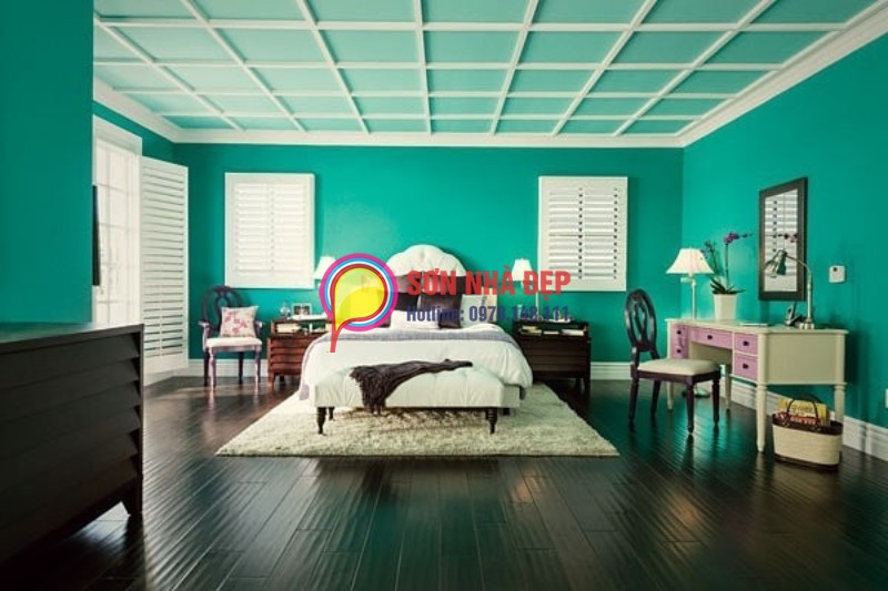 sơn phòng ngủ màu xanh ngọc bích 