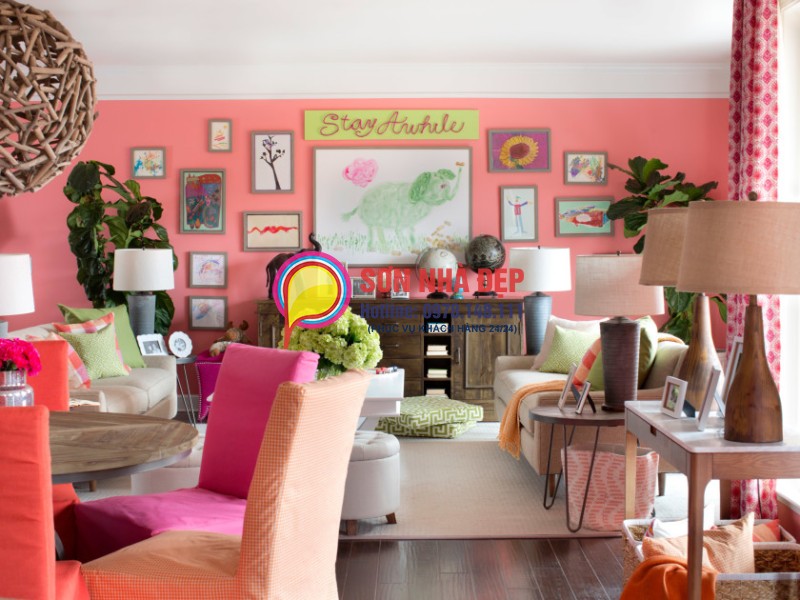 sơn phòng khách màu hồng đẹp lãng mạn 7
