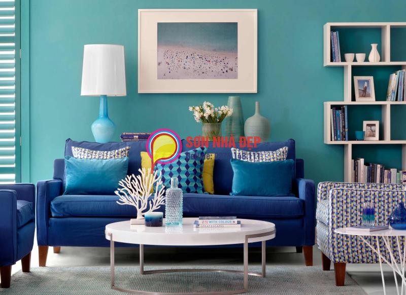 sơn phòng khách màu xanh ngọc nhạt đơn giản