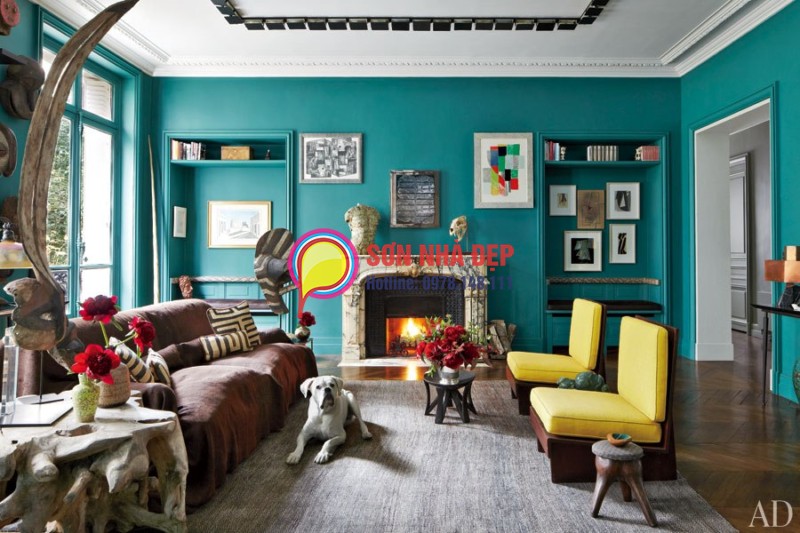 sơn phòng khách màu xanh ngọc đậm bằng sơn dulux