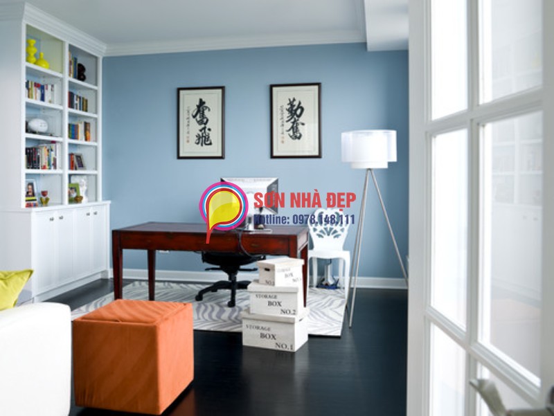sơn phòng khách màu xanh ngọc nhạt điểm nhấn