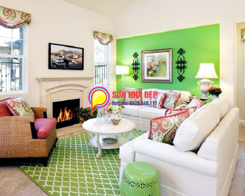 Thiết kế màu sơn điểm nhấn phòng khách sử dụng màu pastel xanh lá cây nhạt mới